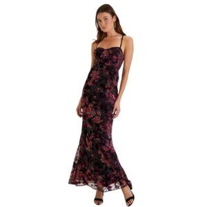 NWT Lulu's Dramatically Elegant Black Floral Velvet Mermaid Maxi Dress